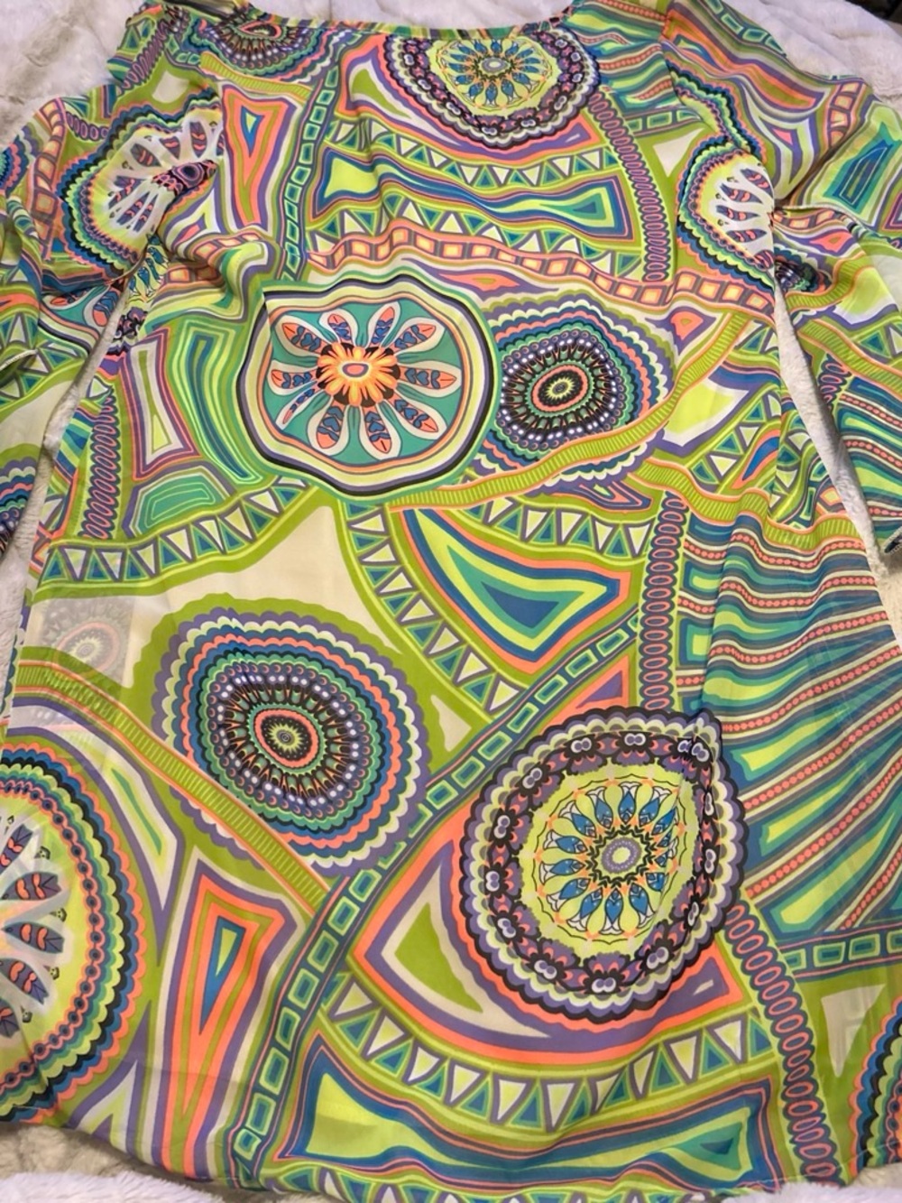 Adrienne Multicolor Geo-Print Midi Dress in Lime, Teal & Coral